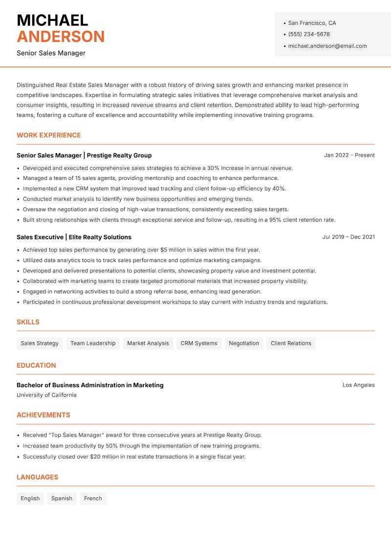 Real Estate Sales Manager resume sample — Senior Sales Manager focus