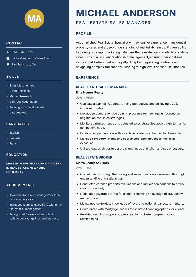 Real Estate Specialist resume sample — Real Estate Sales Manager focus