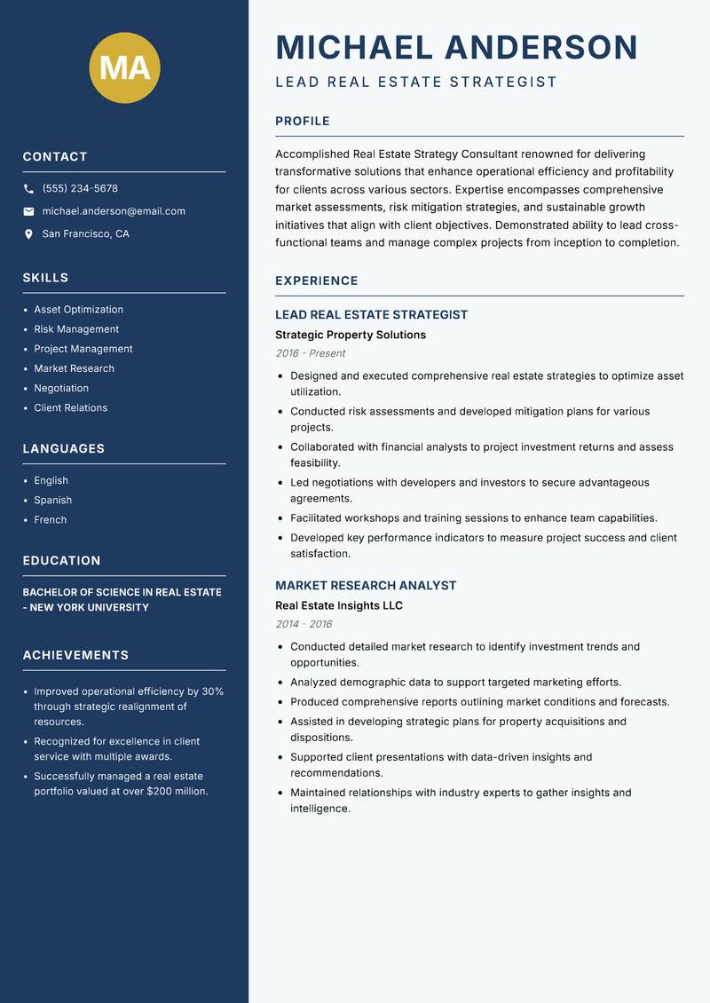 Real Estate Strategy Consultant resume sample — Lead Real Estate Strategist focus