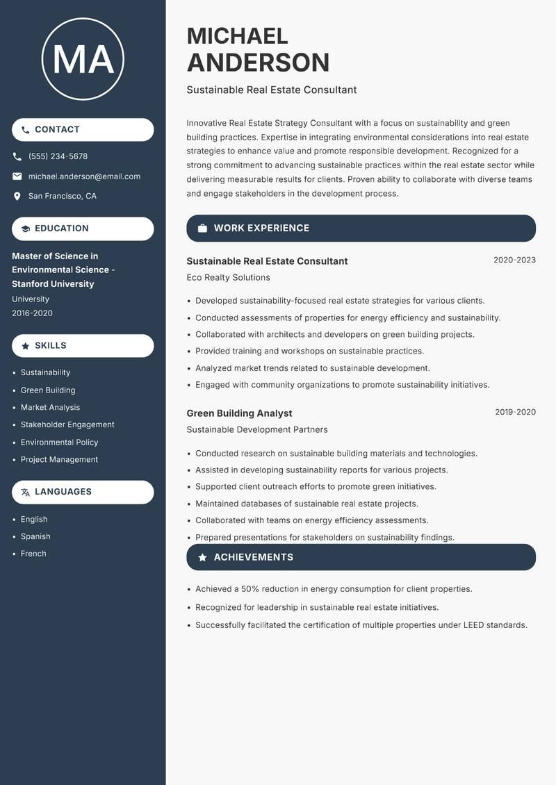 Real Estate Strategy Consultant resume sample — Sustainable Real Estate Consultant focus
