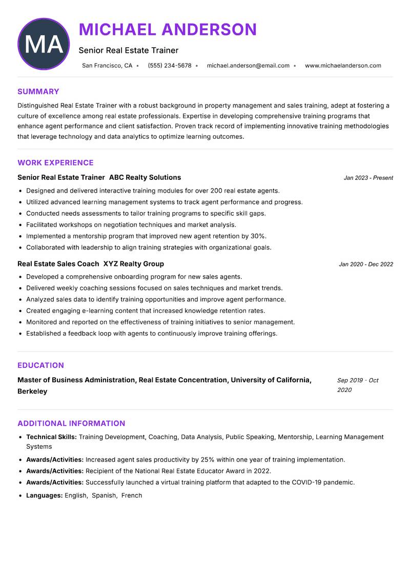 Real Estate Trainer resume example