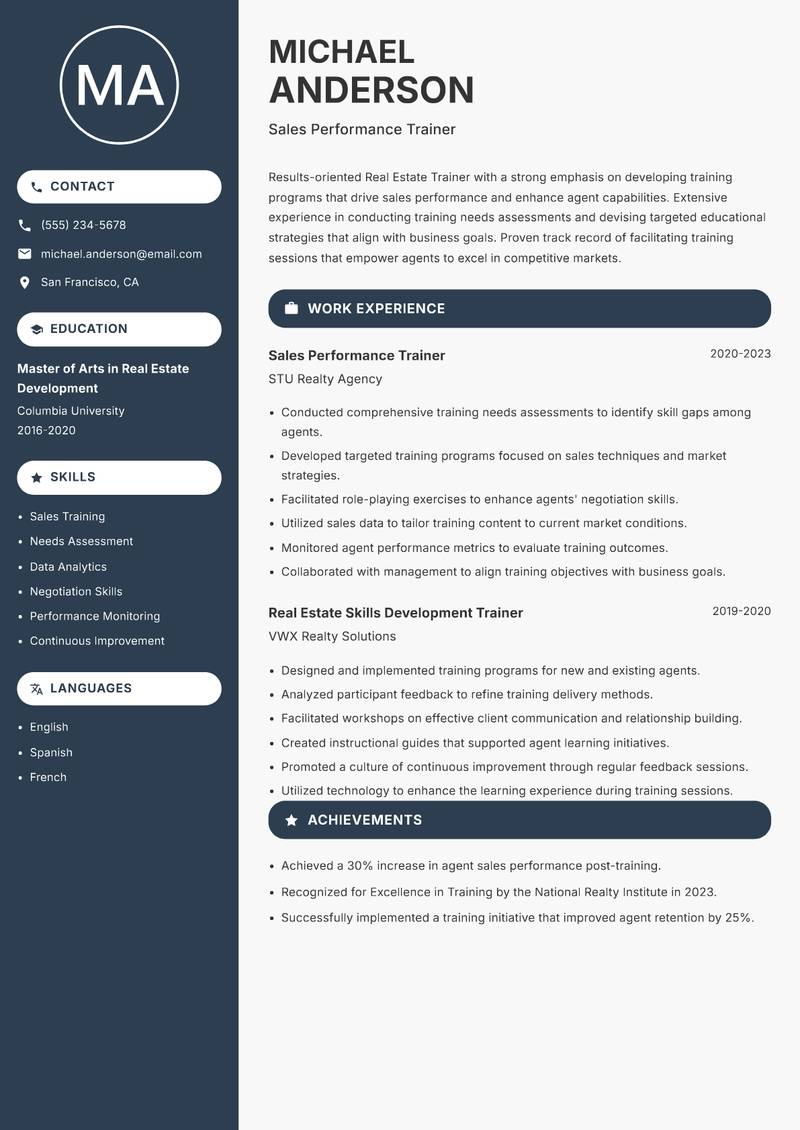 Real Estate Trainer resume sample — Sales Performance Trainer focus