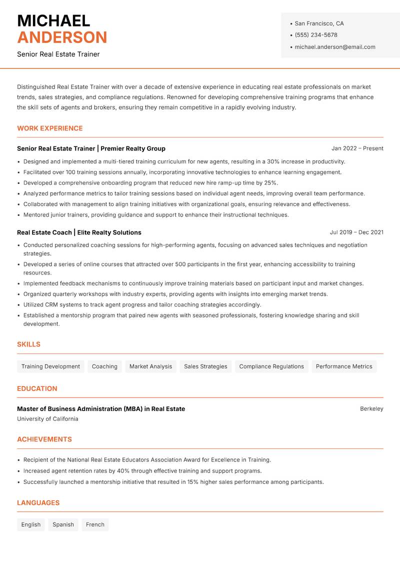 Real Estate Trainer resume sample — Senior Real Estate Trainer focus