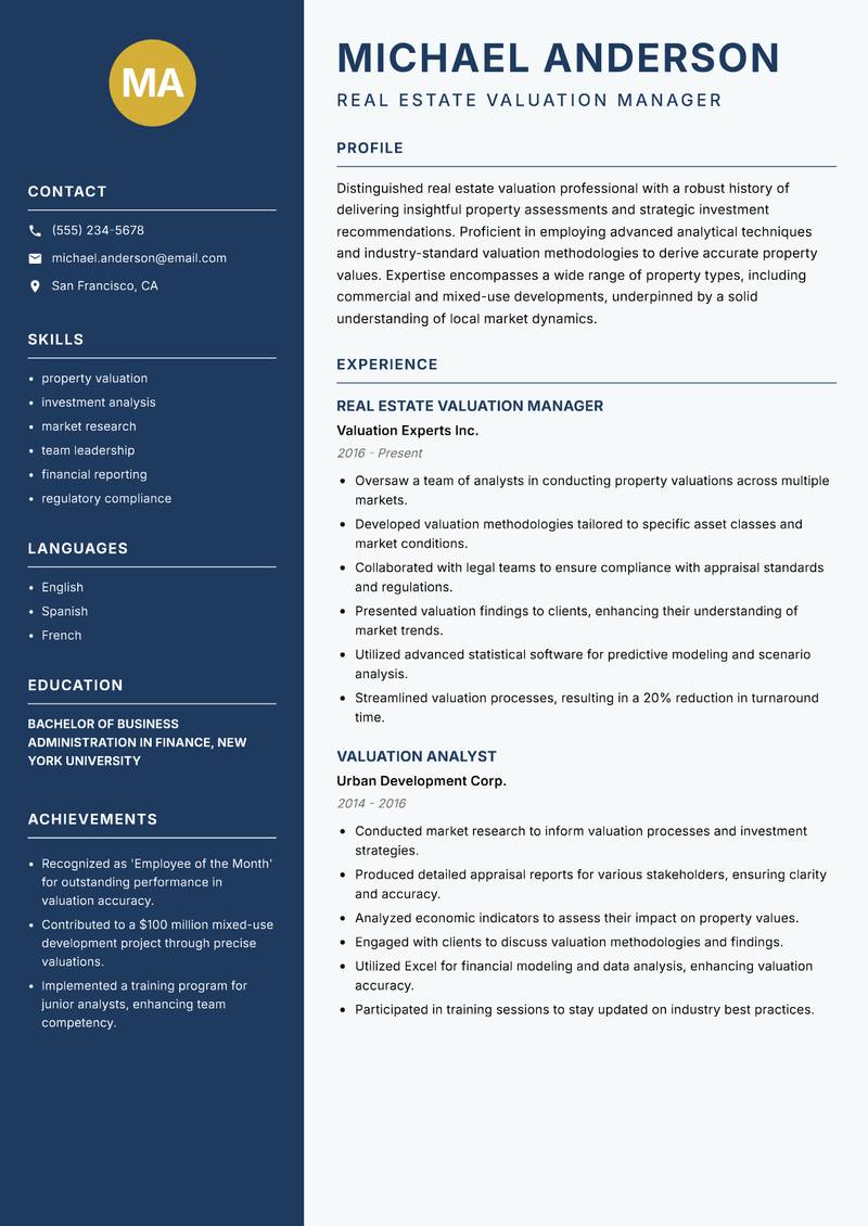 Real Estate Valuation Analyst resume sample — Real Estate Valuation Manager focus
