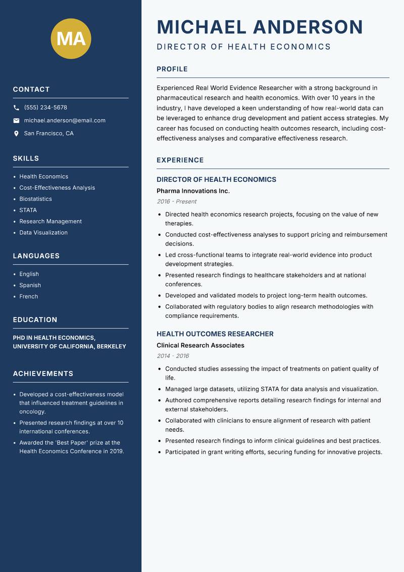 Real World Evidence Researcher resume sample — Director of Health Economics focus