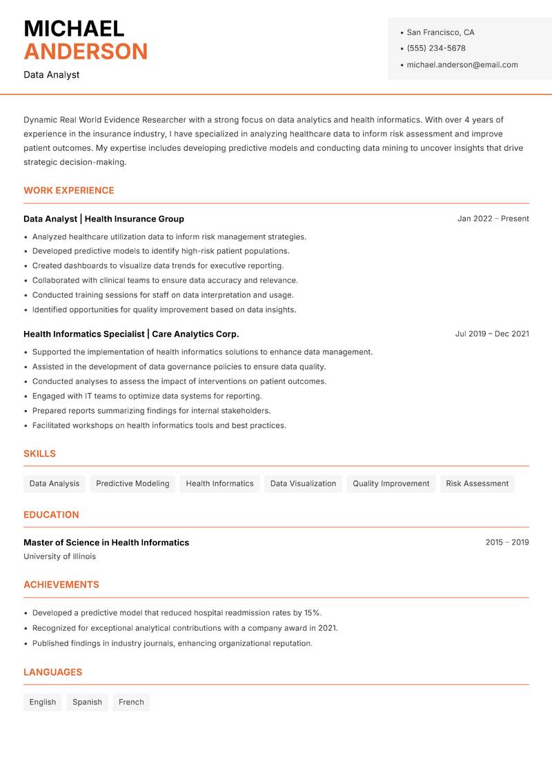Real World Evidence Researcher resume sample — Data Analyst focus