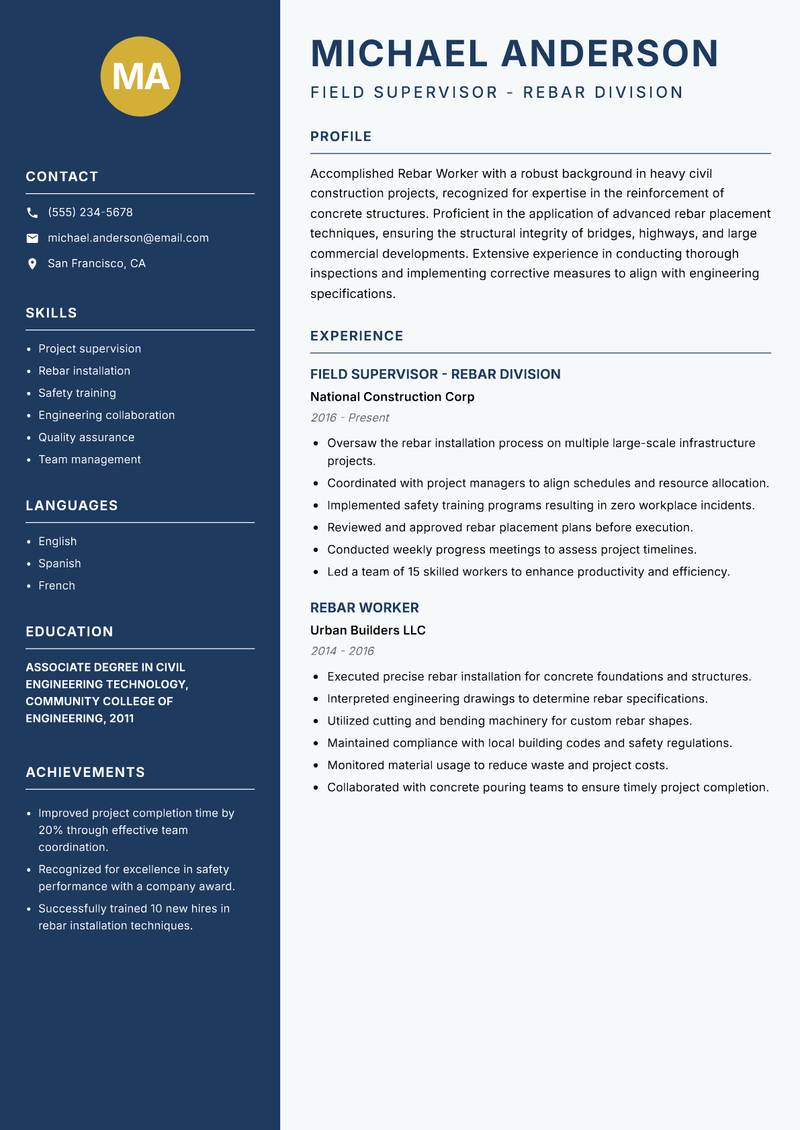 Rebar Worker resume sample — Field Supervisor - Rebar Division focus
