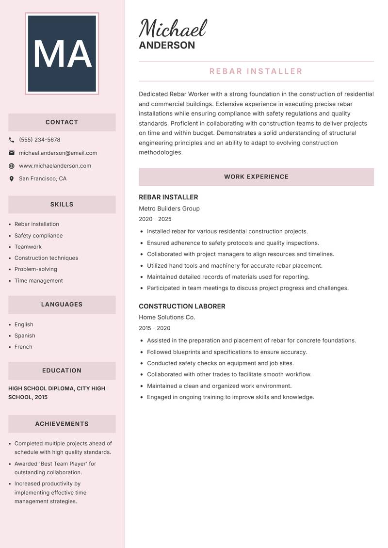 Rebar Worker resume sample — Rebar Installer focus