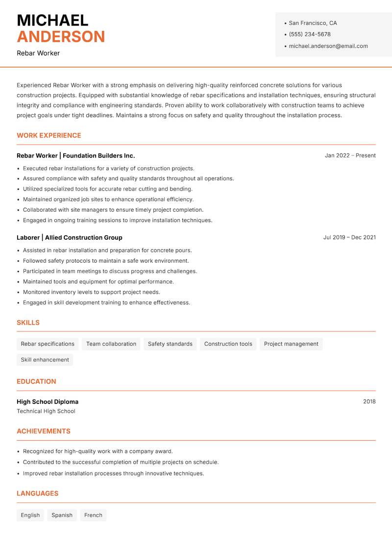 Rebar Worker resume sample — Rebar Worker focus