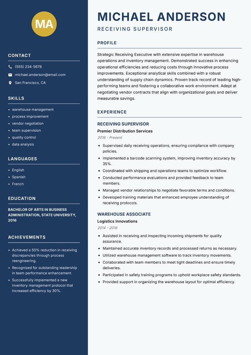 Receiving Executive resume sample — Receiving Supervisor focus