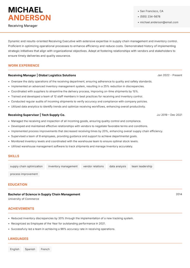 Receiving Executive resume sample — Receiving Manager focus