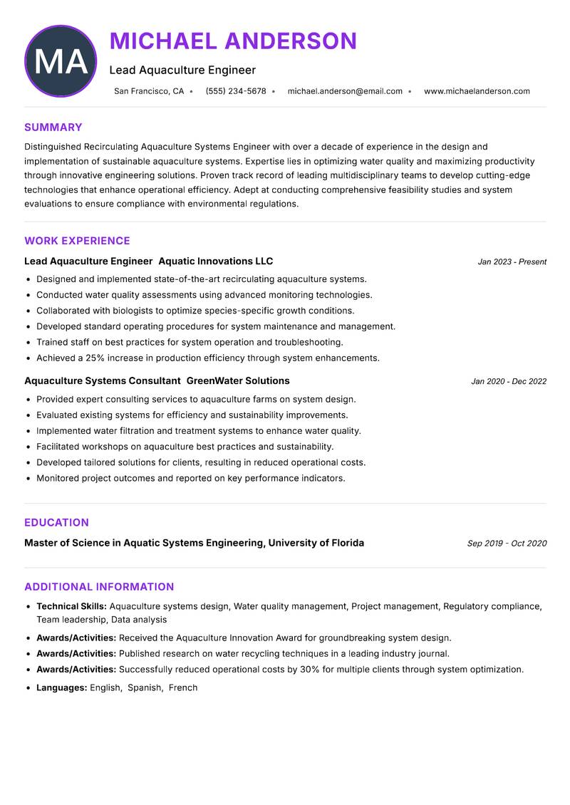 Recirculating Aquaculture Systems Engineer resume example