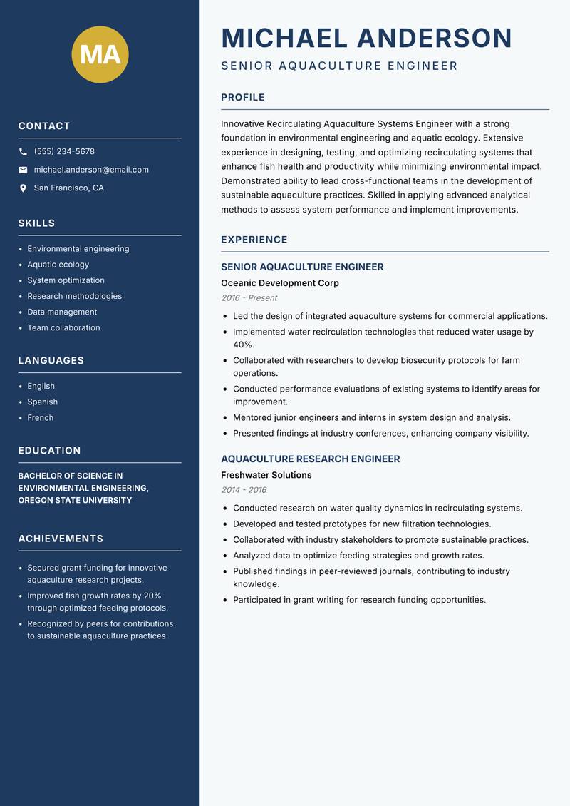 Recirculating Aquaculture Systems Engineer resume sample — Senior Aquaculture Engineer focus