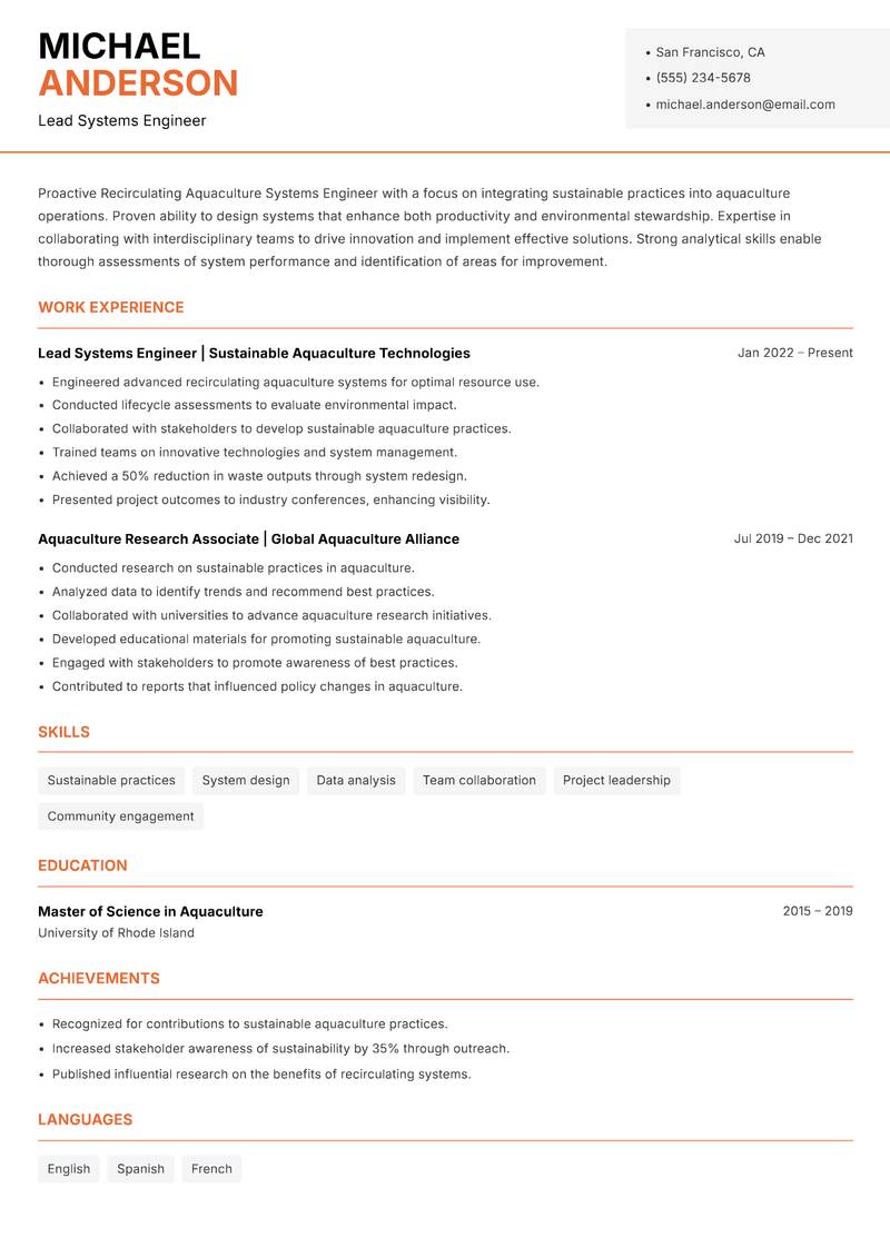 Recirculating Aquaculture Systems Engineer resume sample — Lead Systems Engineer focus