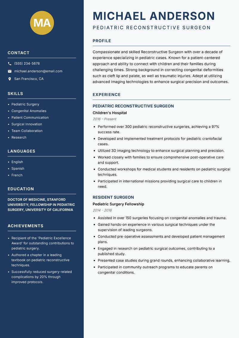 Reconstructive Surgeon resume sample — Pediatric Reconstructive Surgeon focus