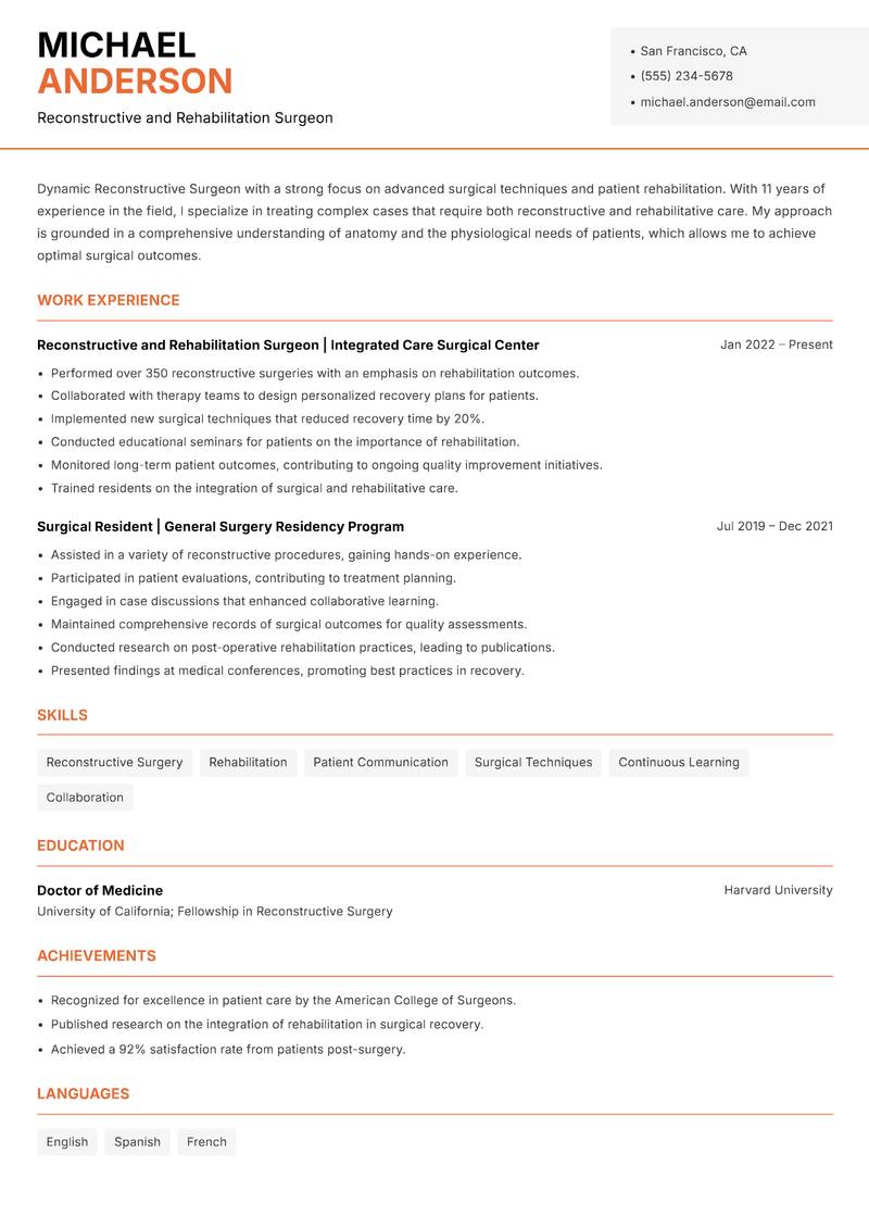 Reconstructive Surgeon resume sample — Reconstructive and Rehabilitation Surgeon focus