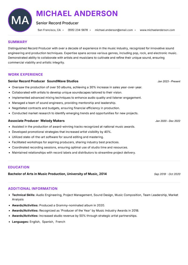 Record Producer resume example