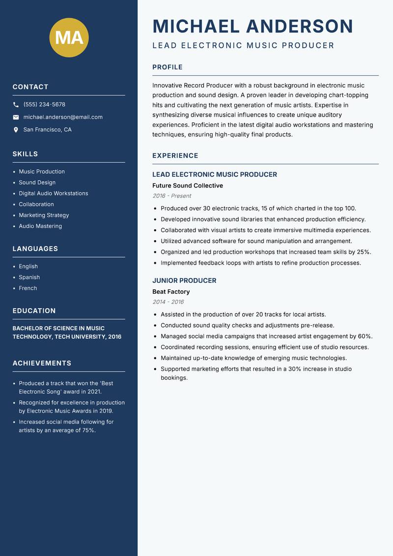 Record Producer resume sample — Lead Electronic Music Producer focus