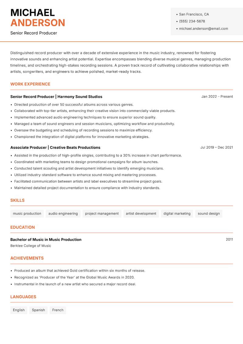 Record Producer resume sample — Senior Record Producer focus
