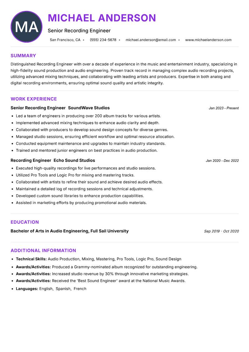Recording Engineer resume example