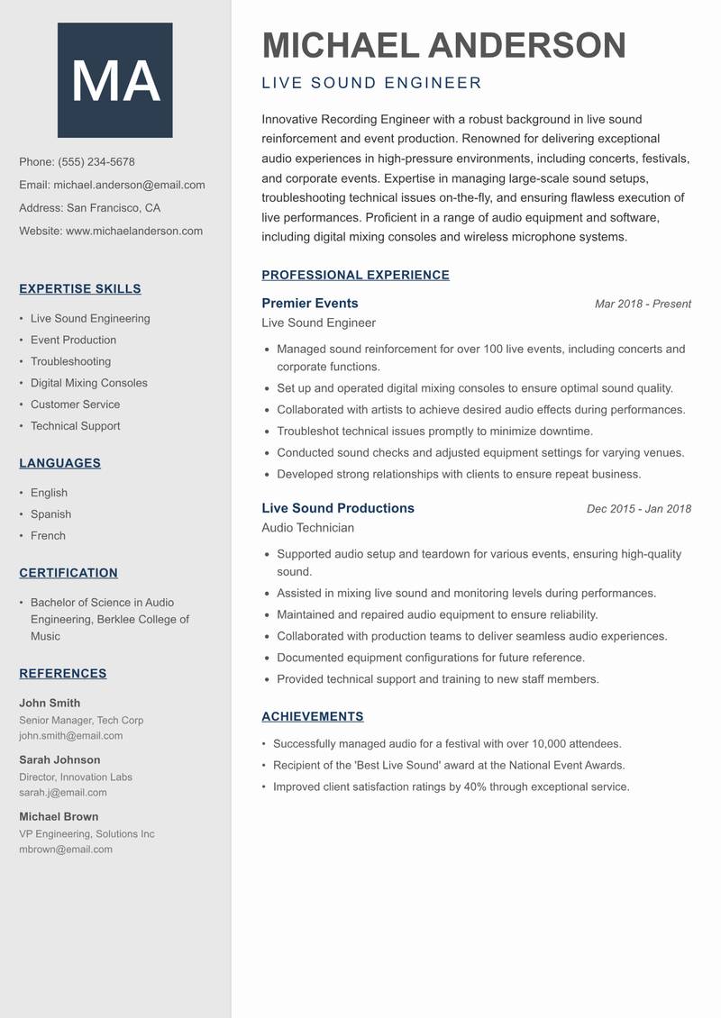 Recording Engineer resume sample — Live Sound Engineer focus