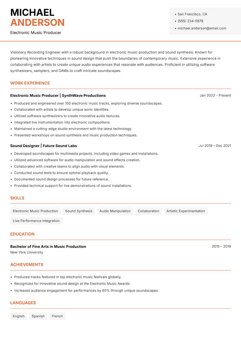 Recording Engineer resume sample — Electronic Music Producer focus