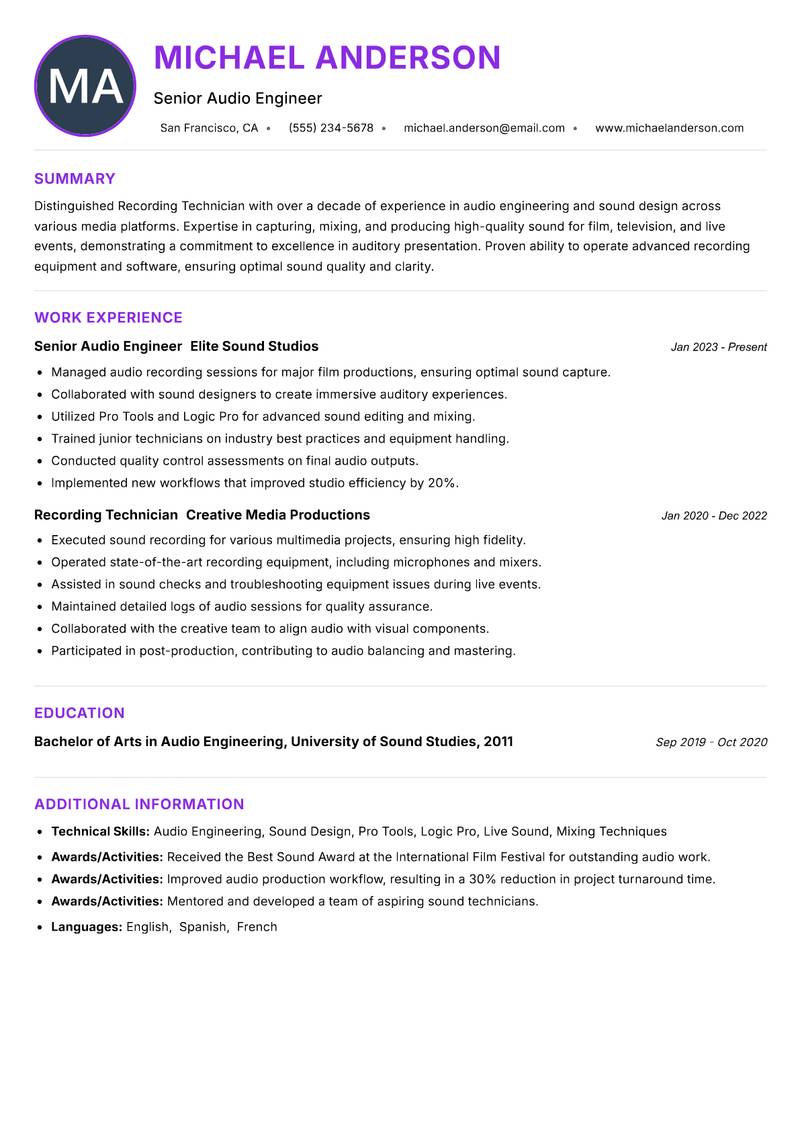 Recording Technician resume example