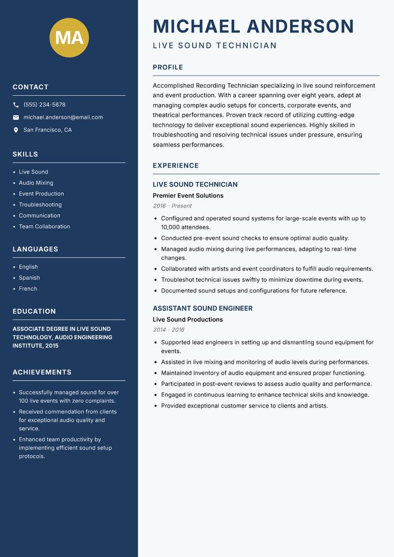 Recording Technician resume sample — Live Sound Technician focus