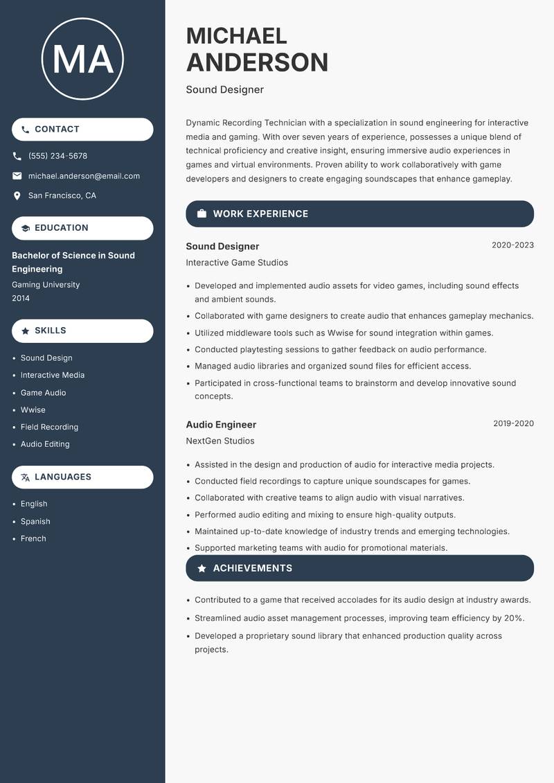 Recording Technician resume sample — Sound Designer focus
