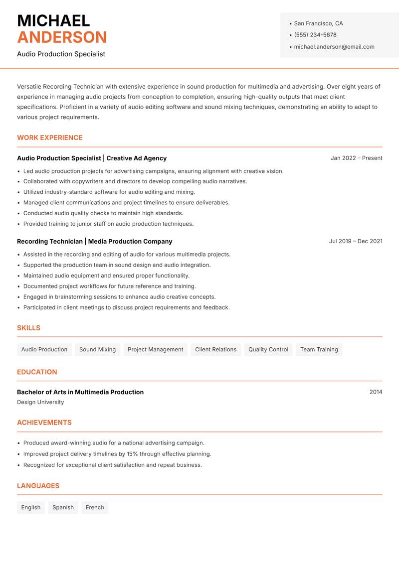 Recording Technician resume sample — Audio Production Specialist focus