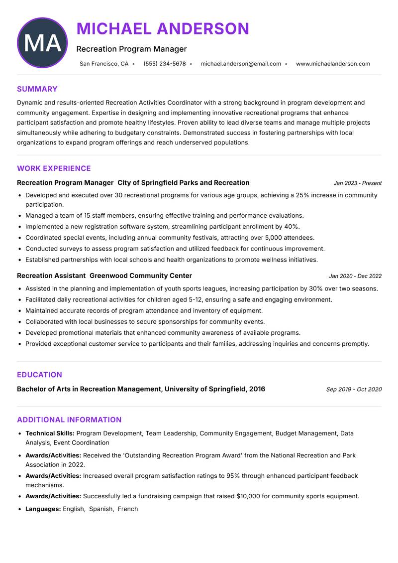 Recreation Activities Coordinator resume example