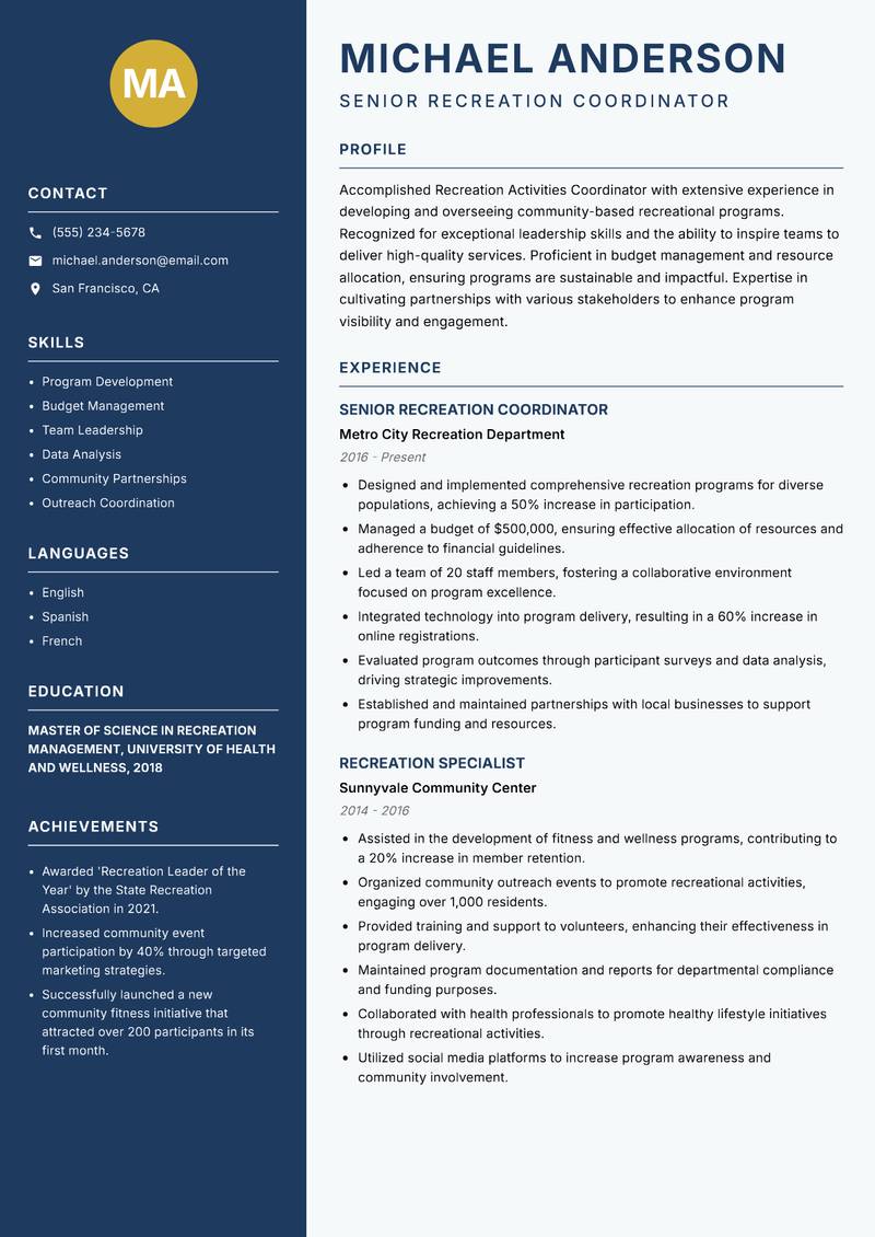 Recreation Activities Coordinator resume sample — Senior Recreation Coordinator focus