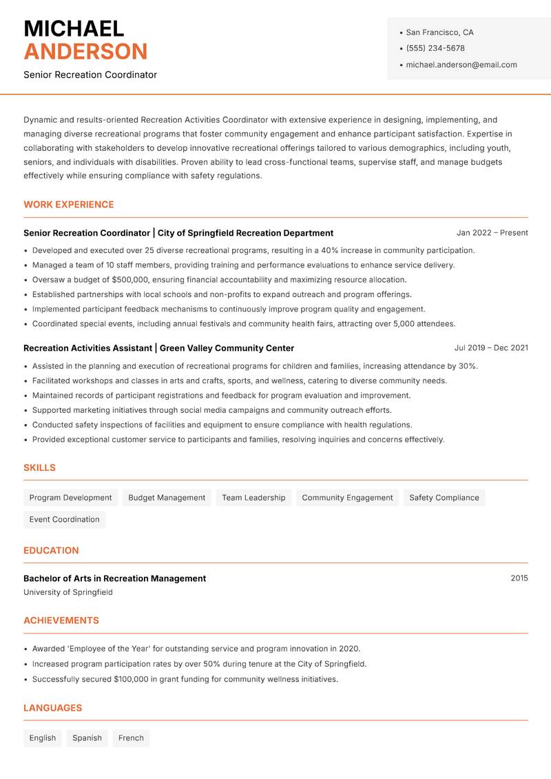 Recreation Activities Coordinator resume sample — Senior Recreation Coordinator focus