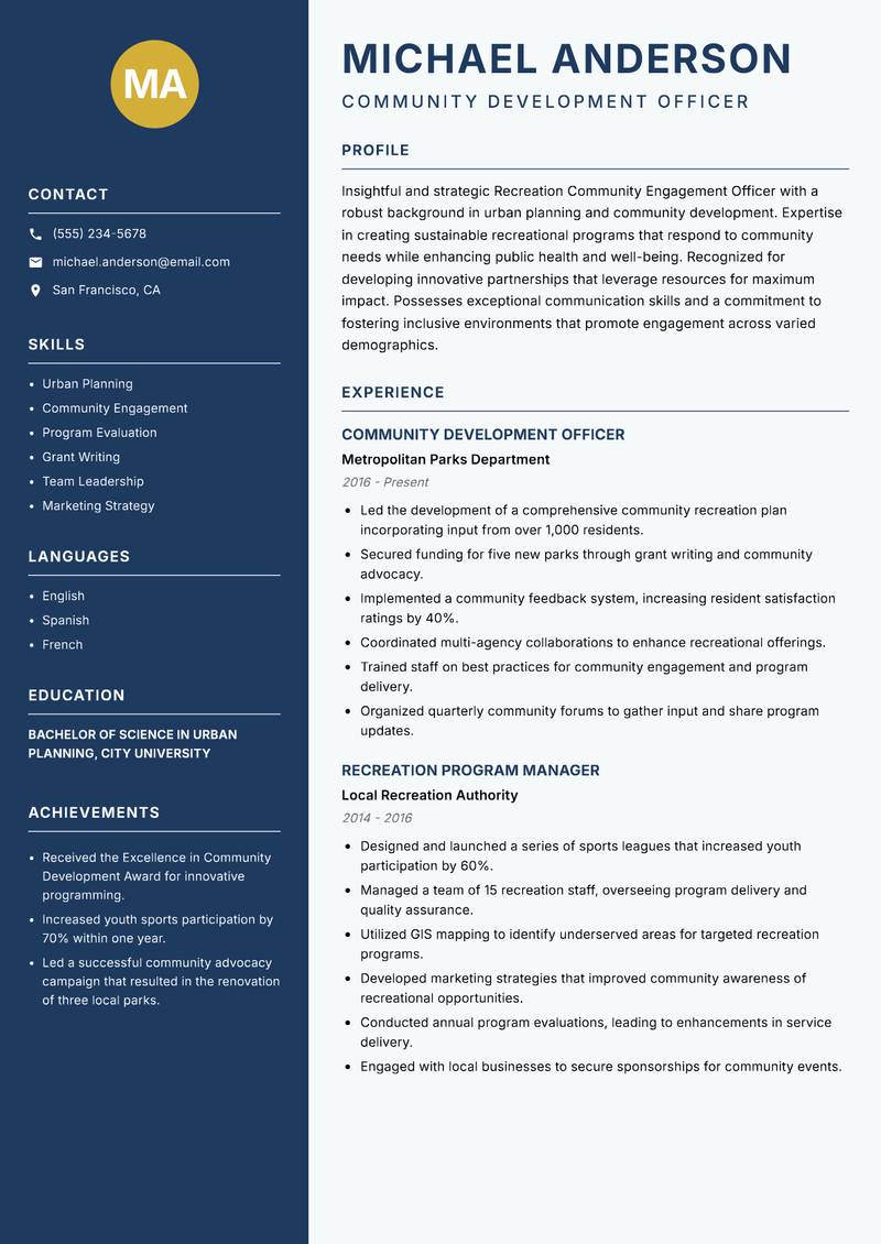 Recreation Community Engagement Officer resume sample — Community Development Officer focus