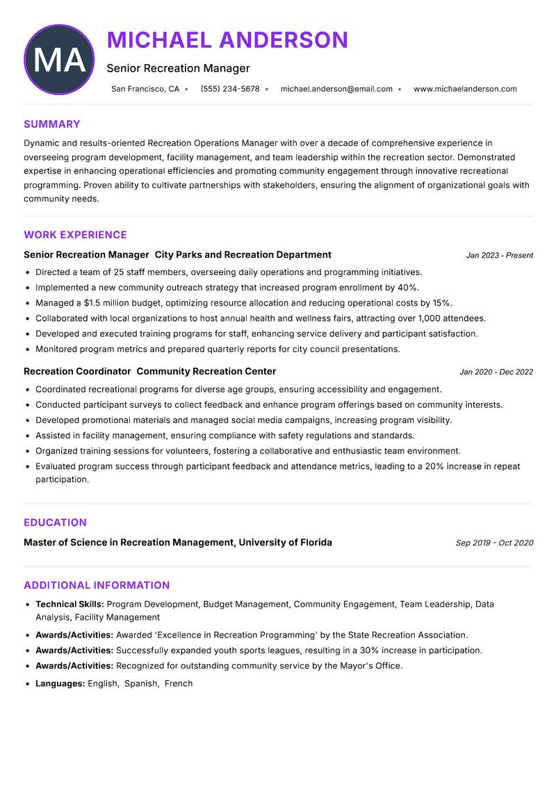 Recreation Operations Manager resume example