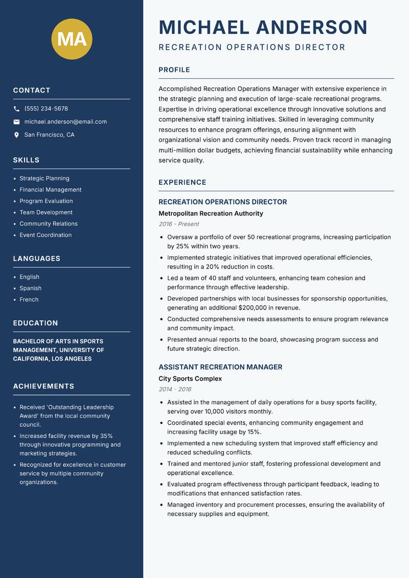 Recreation Operations Manager resume sample — Recreation Operations Director focus
