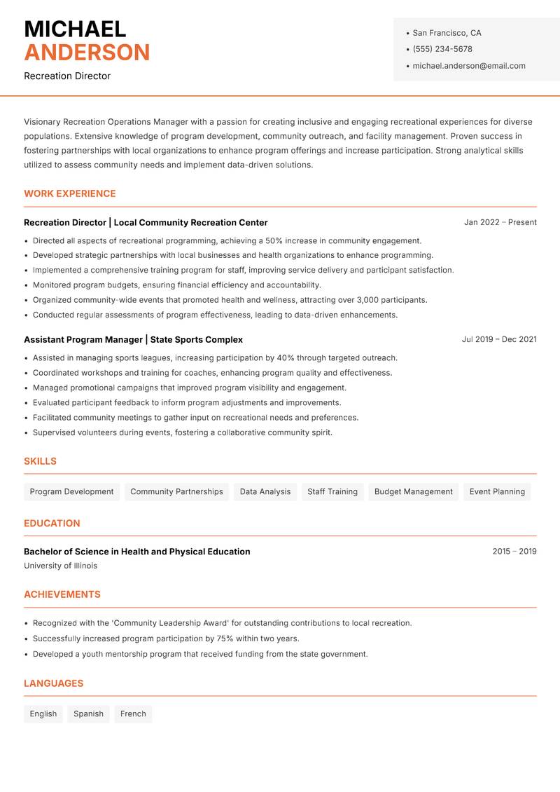 Recreation Operations Manager resume sample — Recreation Director focus