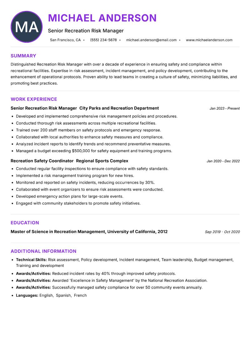 Recreation Risk Manager resume example