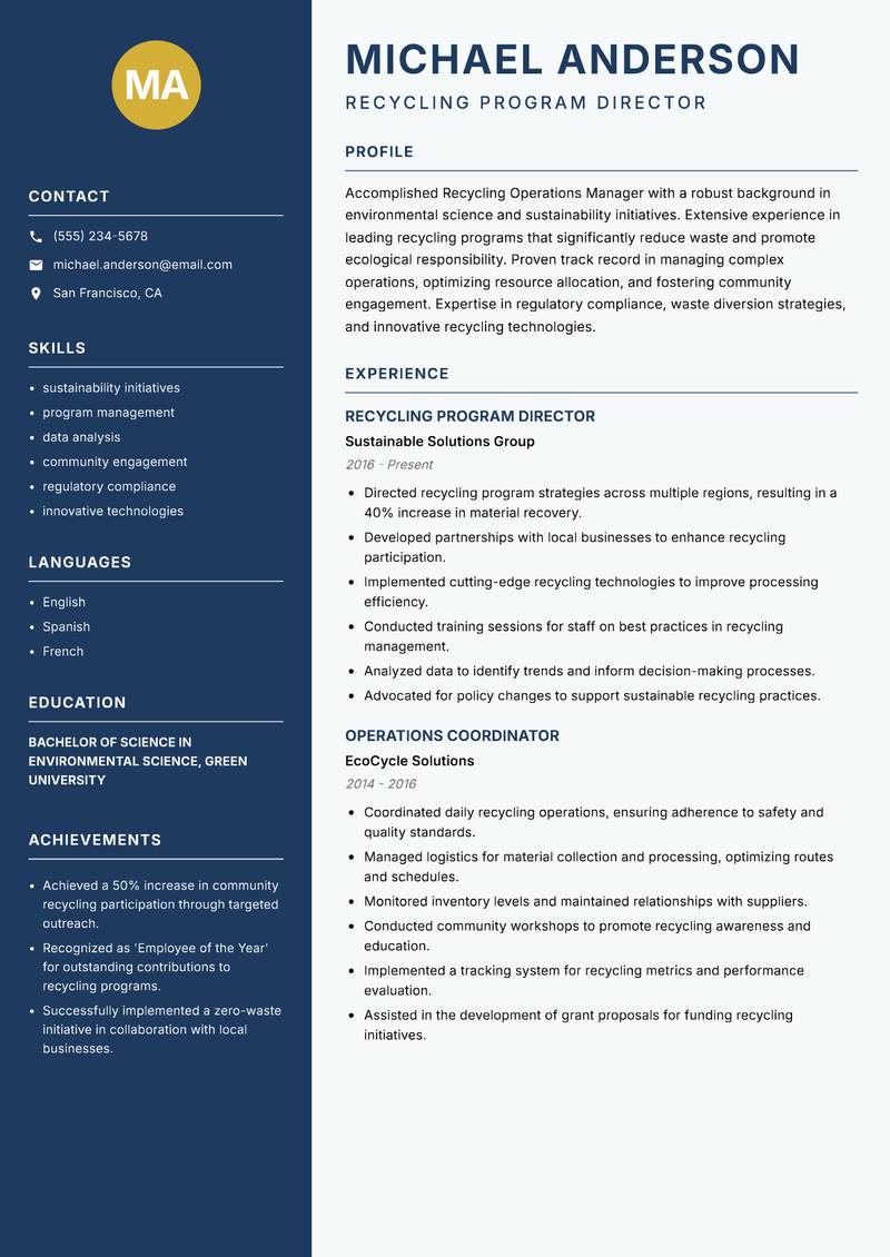 Recycling Operations Manager resume sample — Recycling Program Director focus