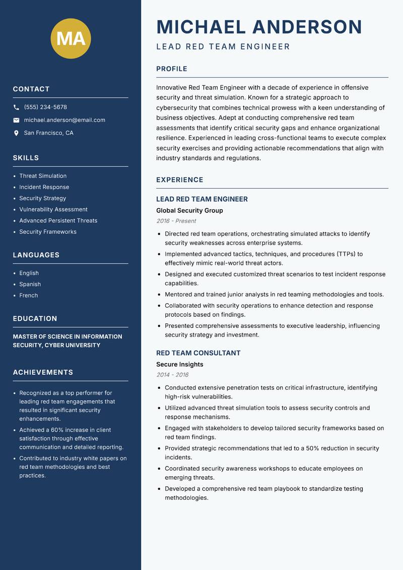 Red Team Engineer resume sample — Lead Red Team Engineer focus