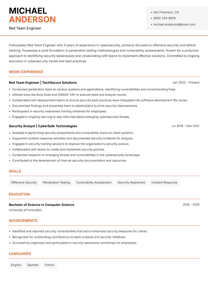 Red Team Engineer resume sample — Red Team Engineer focus