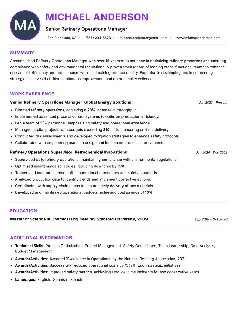 Refinery Operations Manager resume example