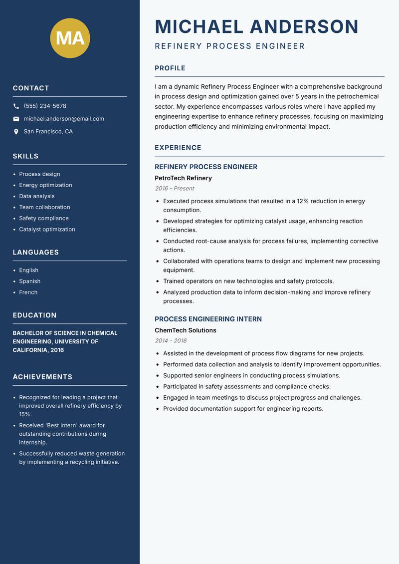 Refinery Process Engineer resume sample — Refinery Process Engineer focus