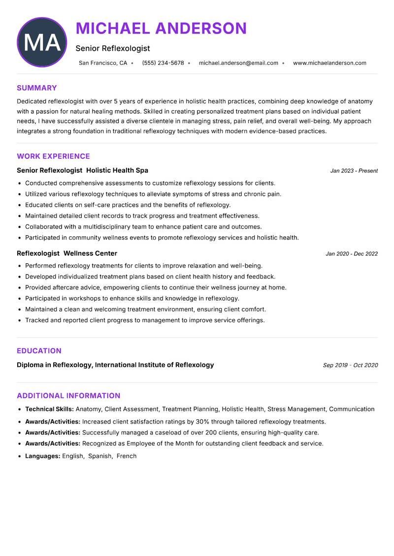 Reflexologist resume example
