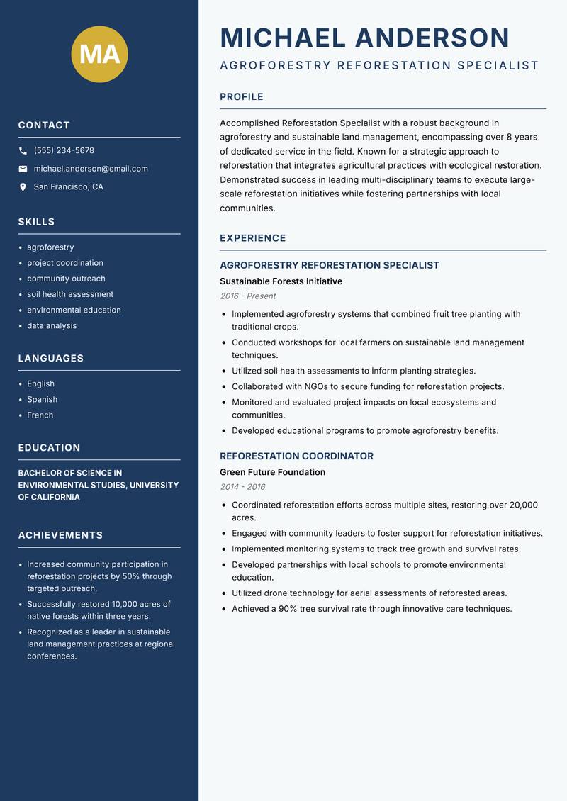 Reforestation Specialist resume sample — Agroforestry Reforestation Specialist focus