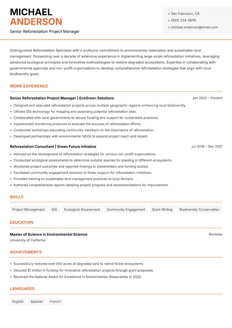 Reforestation Specialist resume sample — Senior Reforestation Project Manager focus