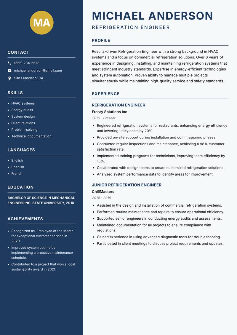 Refrigeration Engineer resume sample — Refrigeration Engineer focus