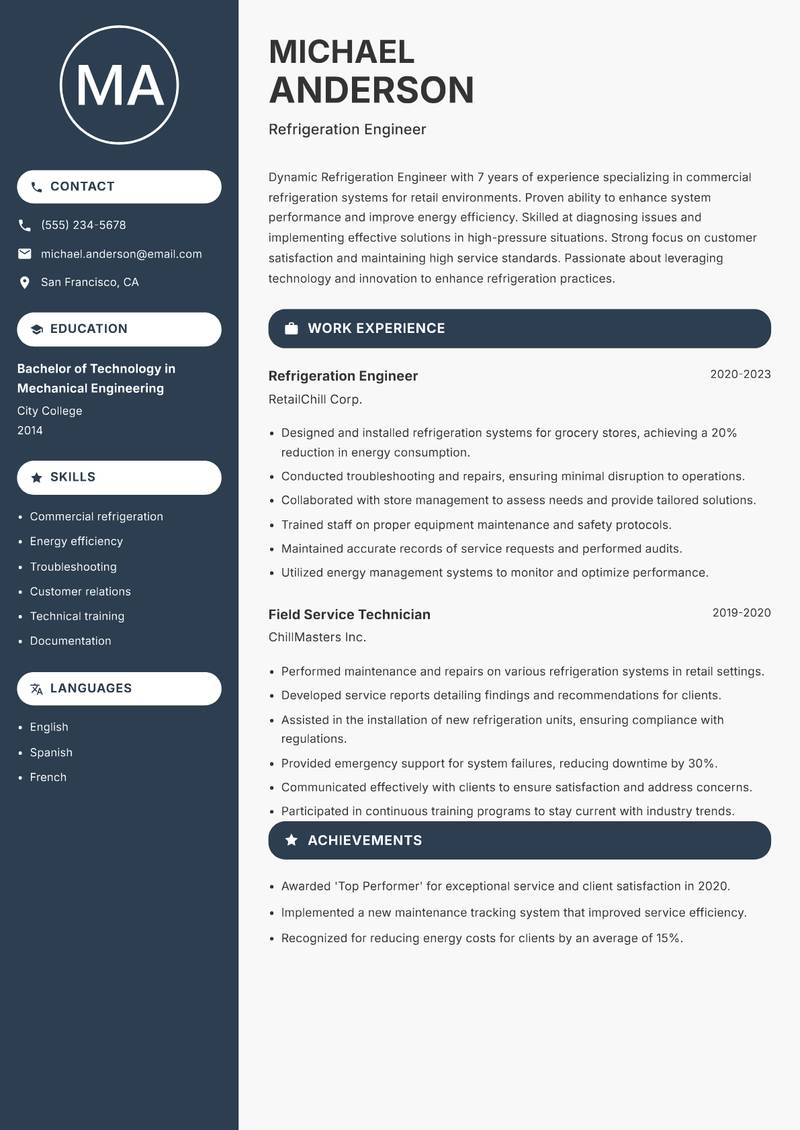 Refrigeration Engineer resume sample — Refrigeration Engineer focus