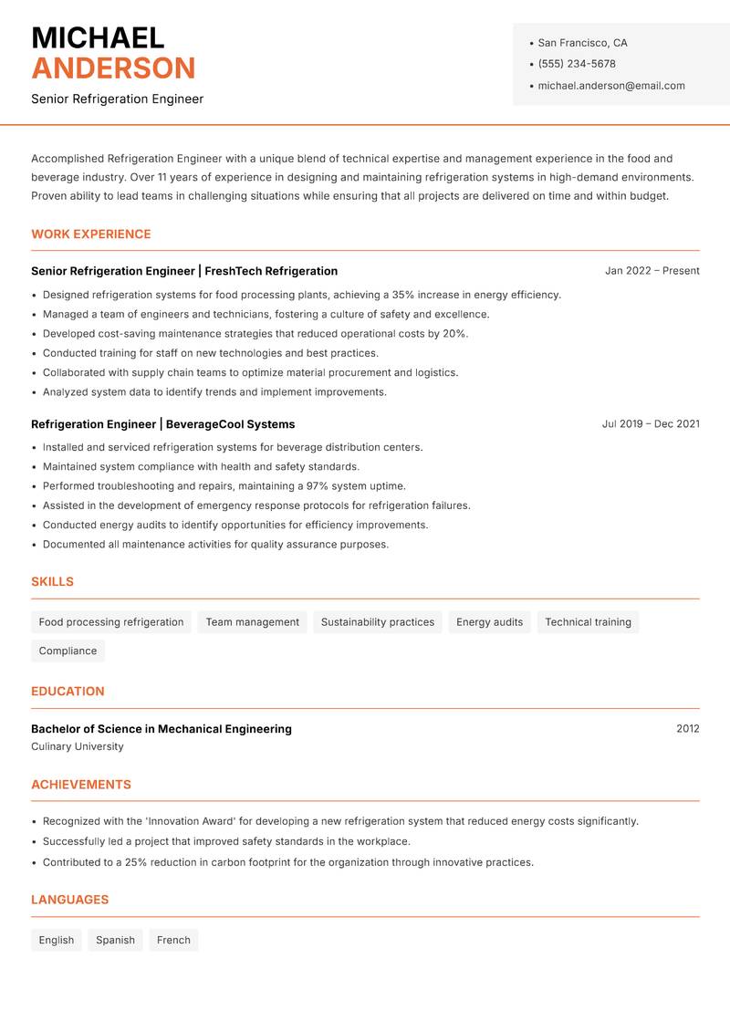Refrigeration Engineer resume sample — Senior Refrigeration Engineer focus