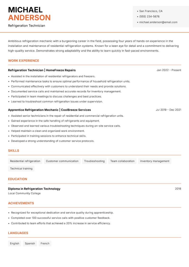 Refrigeration Mechanic resume sample — Refrigeration Technician focus